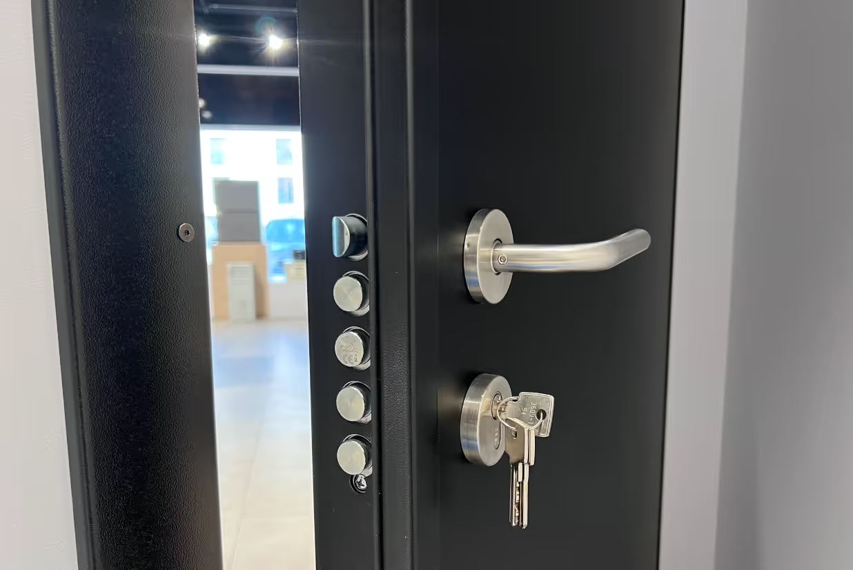 Detail van de meerpuntsvergrendeling en SKG driesterren cilinder van een gepantserde deur